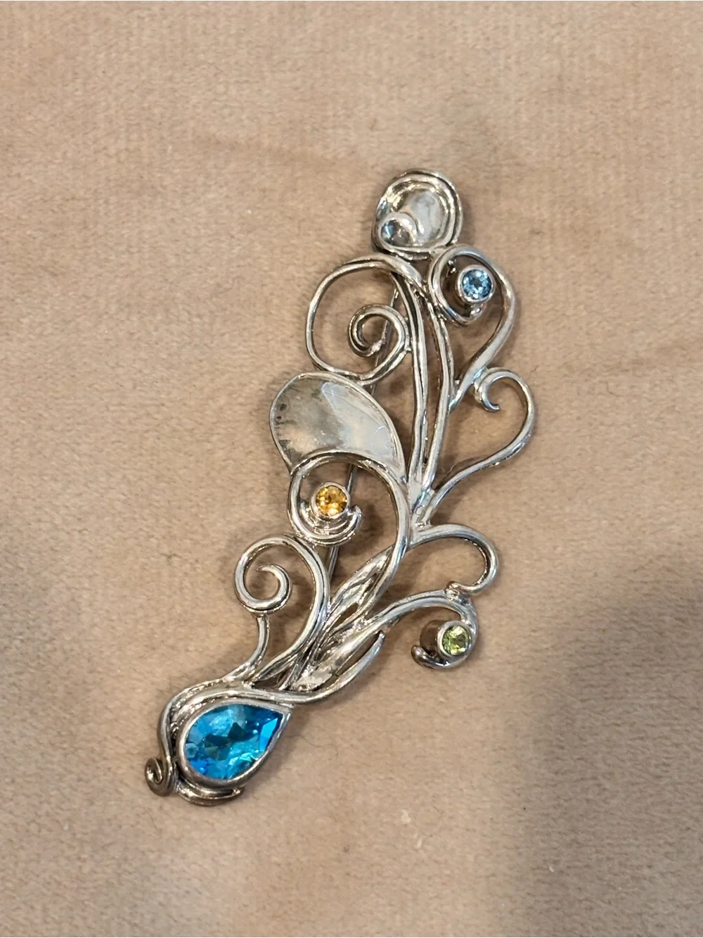 Vintage Designer 925 Sterling Silver & Precious Gemstone Embellished Brooch
